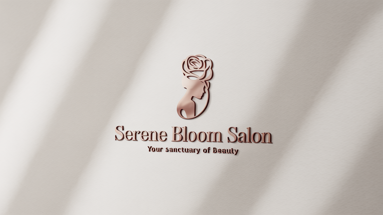 A luxury logo mockup for 'Serene Bloom Salon,' featuring a rose gold icon of a woman's profile and a flower on a clean white background.