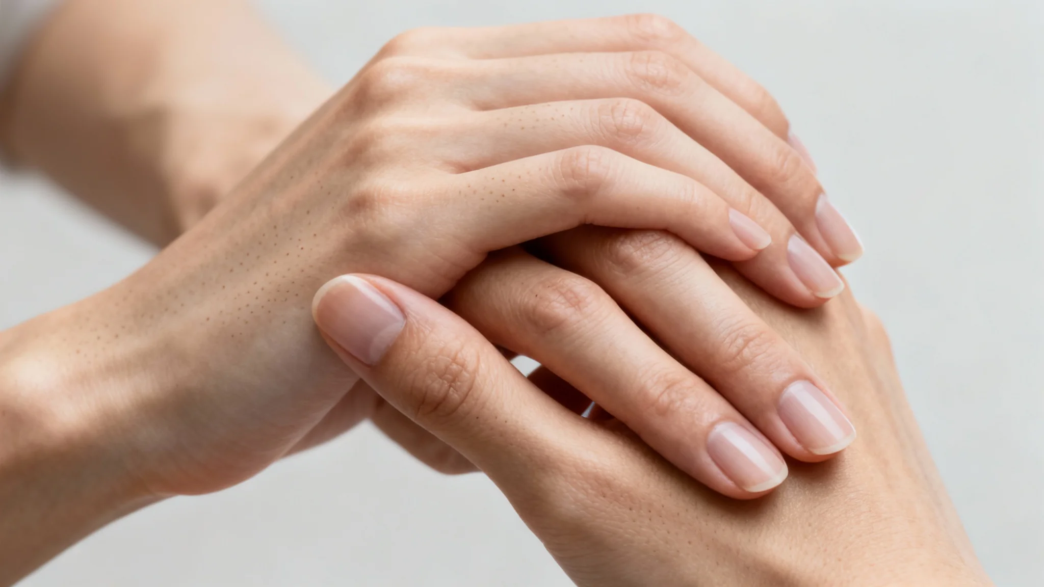 A hyper-realistic, high-resolution photo showing a close-up of two perfectly formed human hands clasped together, highlighting flawless skin texture and detail against a minimal background.