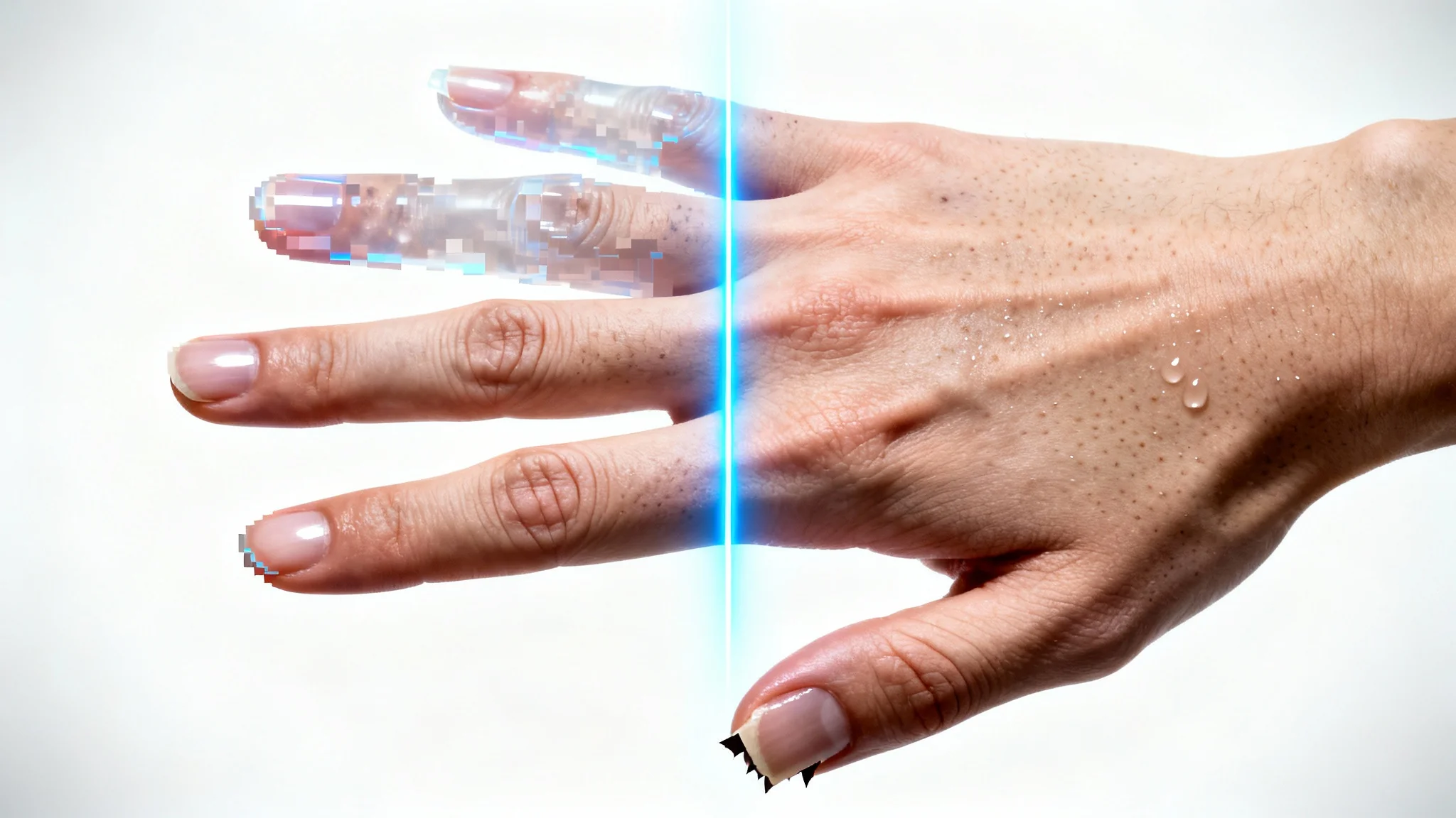 A close-up image depicting an AI hand fixer; the left side of a hand is shown with AI-generated flaws like an extra finger, while the right side is perfectly realistic, with a glowing line separating the two.