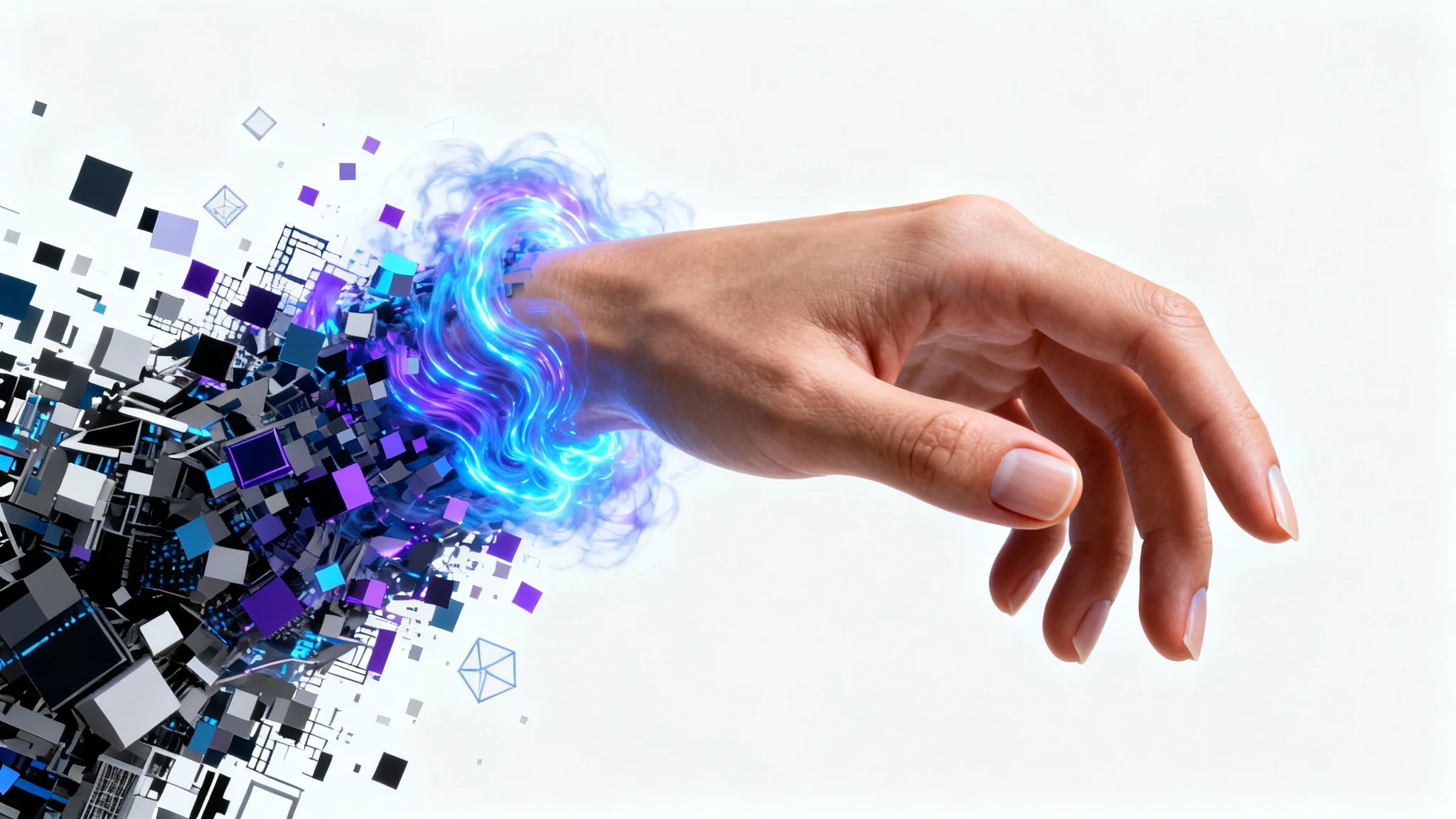 A photorealistic human hand, perfectly formed, emerging from a swirling cloud of digital glitches and pixels against a clean white background, symbolizing an AI tool fixing imperfections.