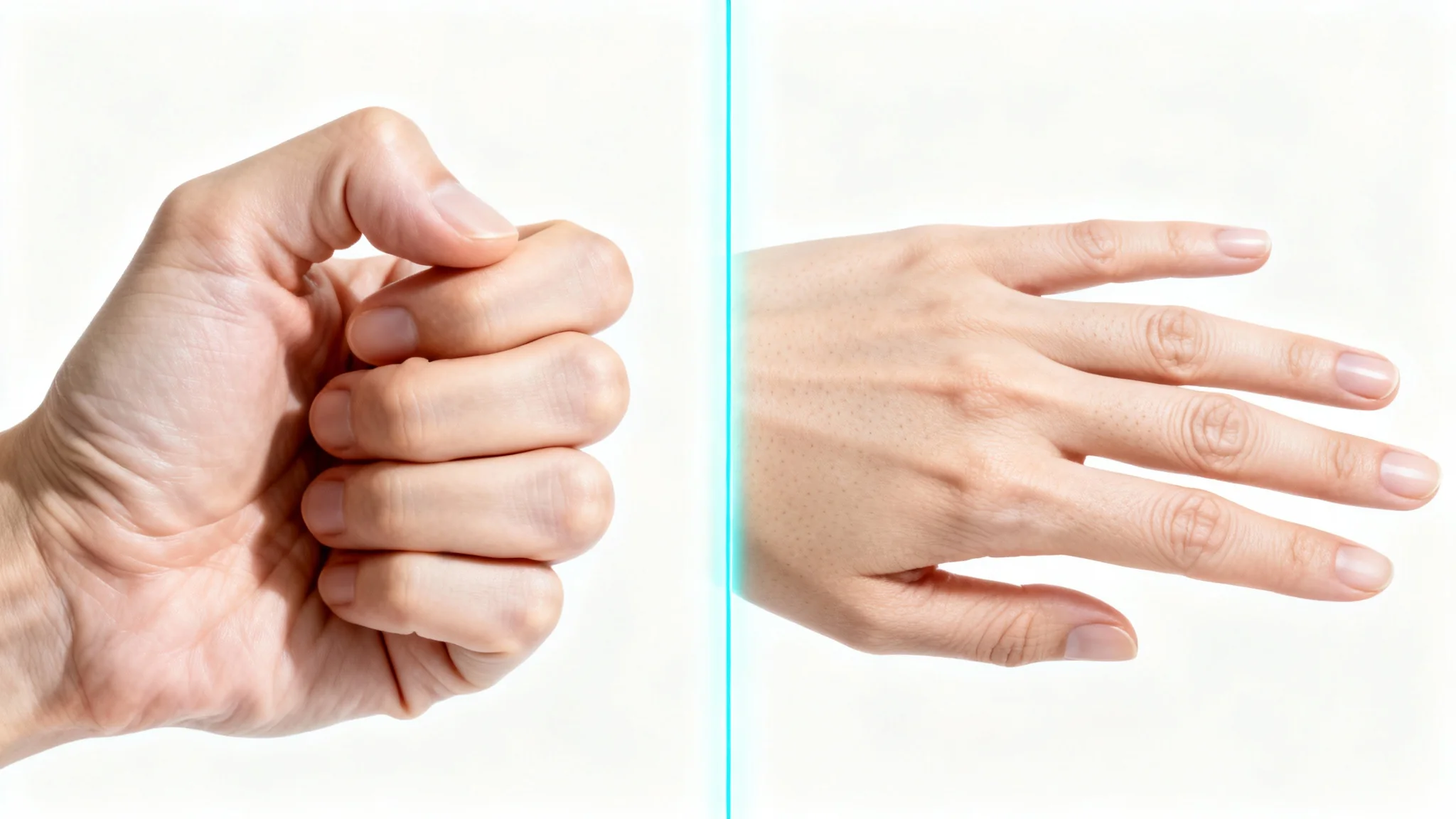 A before-and-after comparison of a hand corrected by AI. The left side shows a distorted hand with six fingers, while the right side shows a perfectly realistic five-fingered hand, demonstrating the tool's fixing capability.