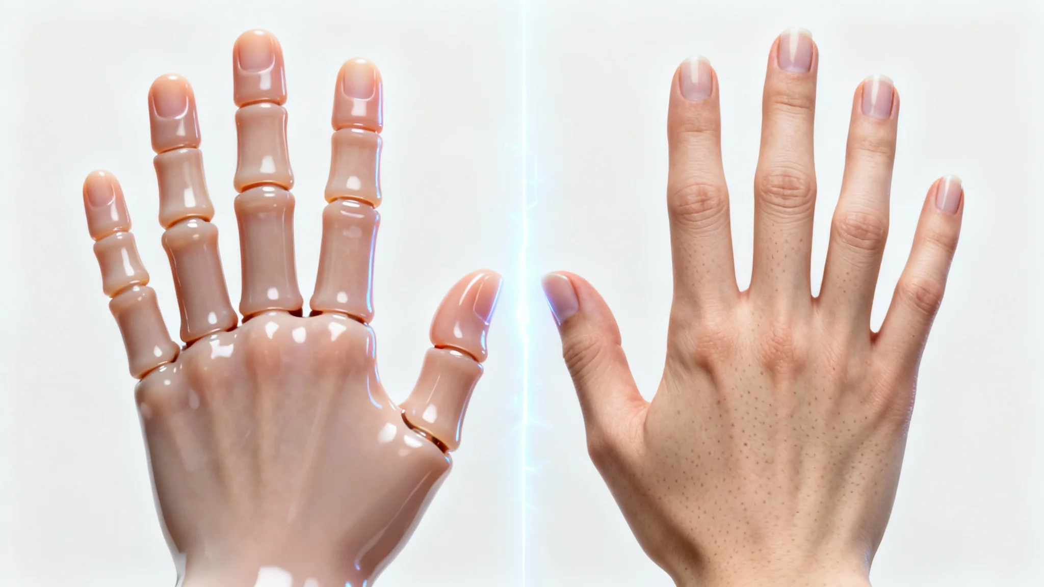 A before-and-after image demonstrating an AI hand fixer. On the left is a malformed hand with six fingers, and on the right is a photorealistic, perfectly formed hand.