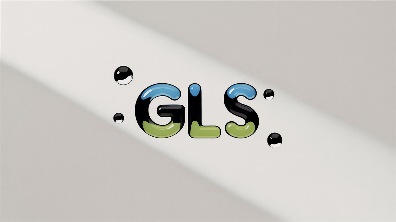 A photorealistic logo for "GLS" with a translucent glass effect, showcasing blue and green color gradients and light refractions. It is set against a clean white background with floating glass shards.