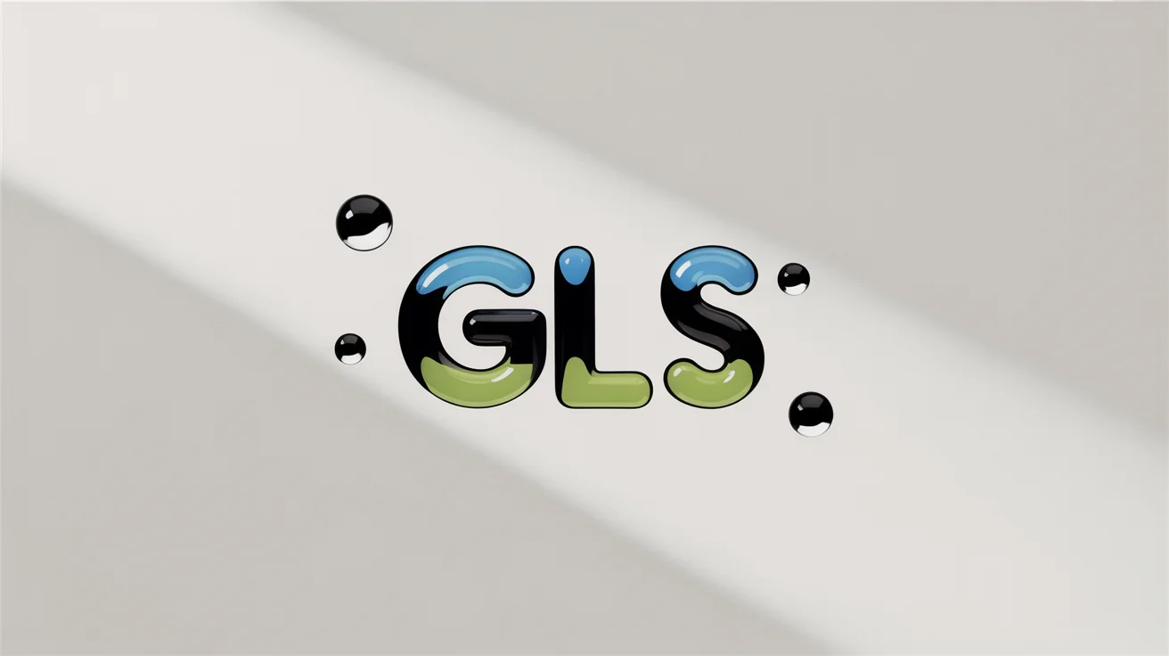 A photorealistic logo for "GLS" with a translucent glass effect, showcasing blue and green color gradients and light refractions. It is set against a clean white background with floating glass shards.