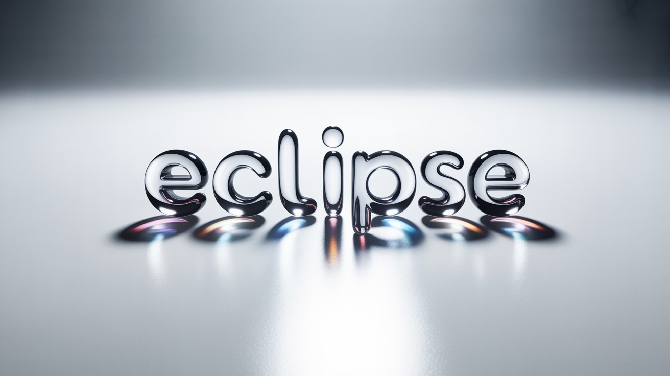 A photorealistic 3D logo of the word 'ECLIPSE' made of clear glass, casting refractions and shadows on a clean white background, demonstrating a glass effect.