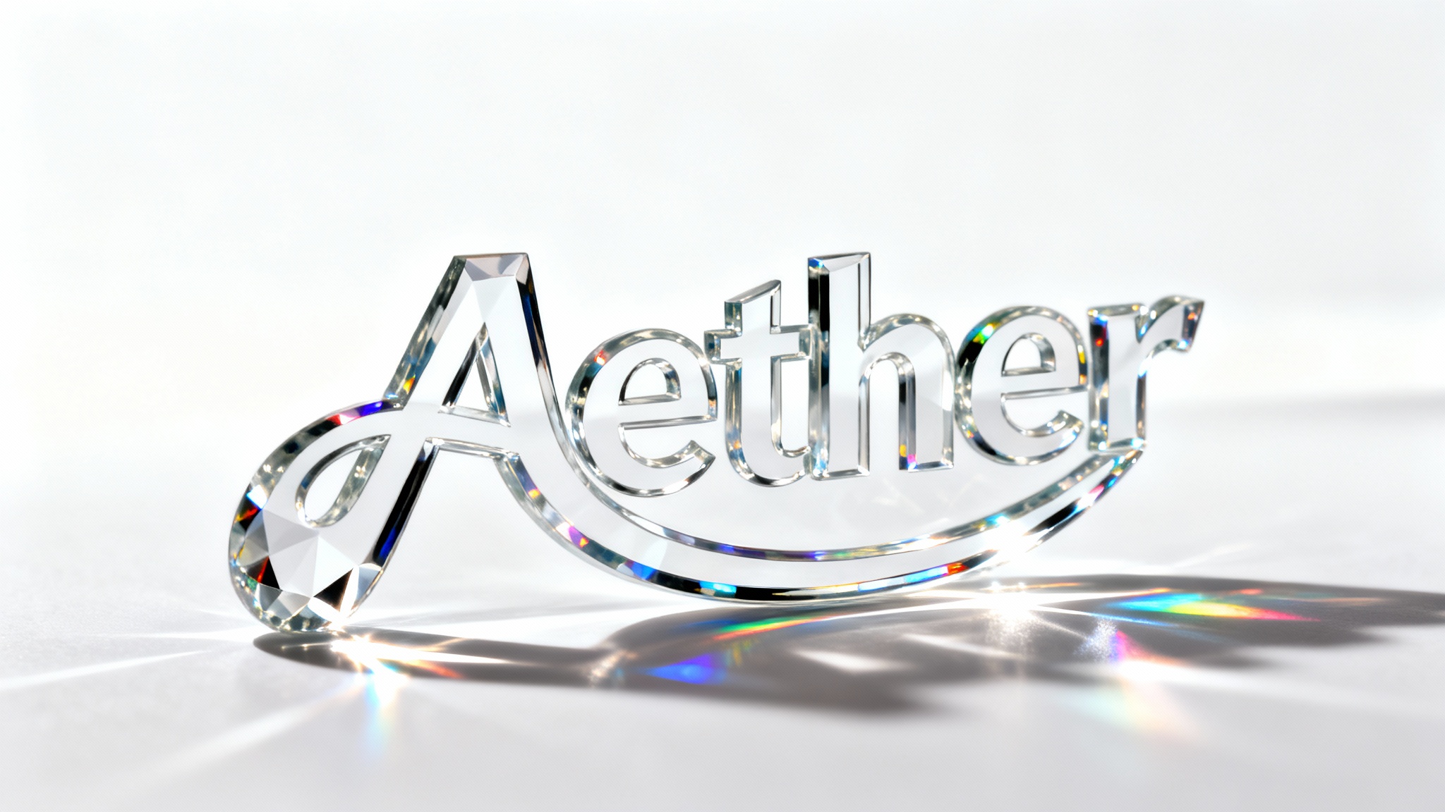 A photorealistic, abstract logo made of thick, clear glass, casting highlights and reflections on a pure white background, demonstrating a glass logo effect.