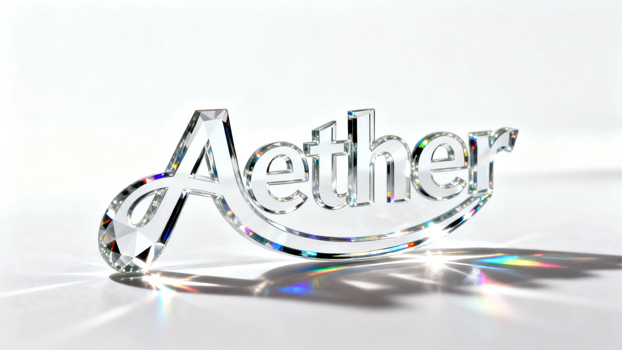 A photorealistic, abstract logo made of thick, clear glass, casting highlights and reflections on a pure white background, demonstrating a glass logo effect.