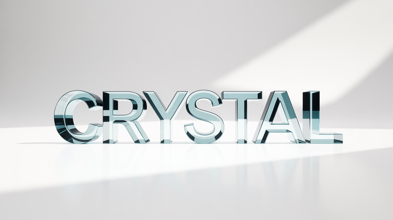 A photorealistic mockup of the word 'CRYSTAL' rendered with a clear glass effect, showcasing light refraction and highlights against a clean white background.
