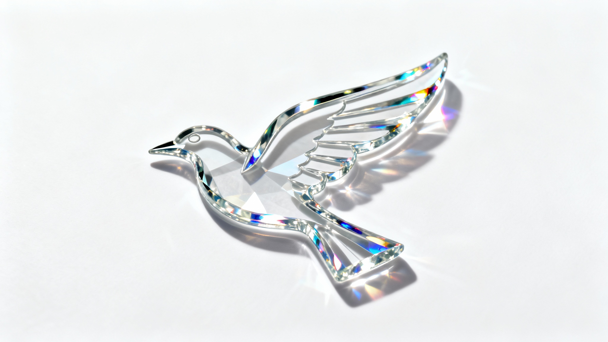 A photorealistic logo of a stylized bird made of clear, transparent glass, casting a subtle shadow on a clean white background.