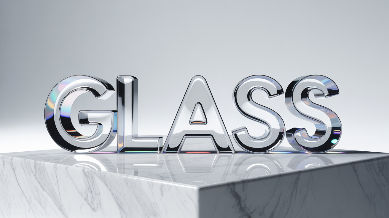 A 3D logo with the word 'GLASS' rendered in a realistic, transparent glass effect against a clean white background, showcasing refractions and highlights.