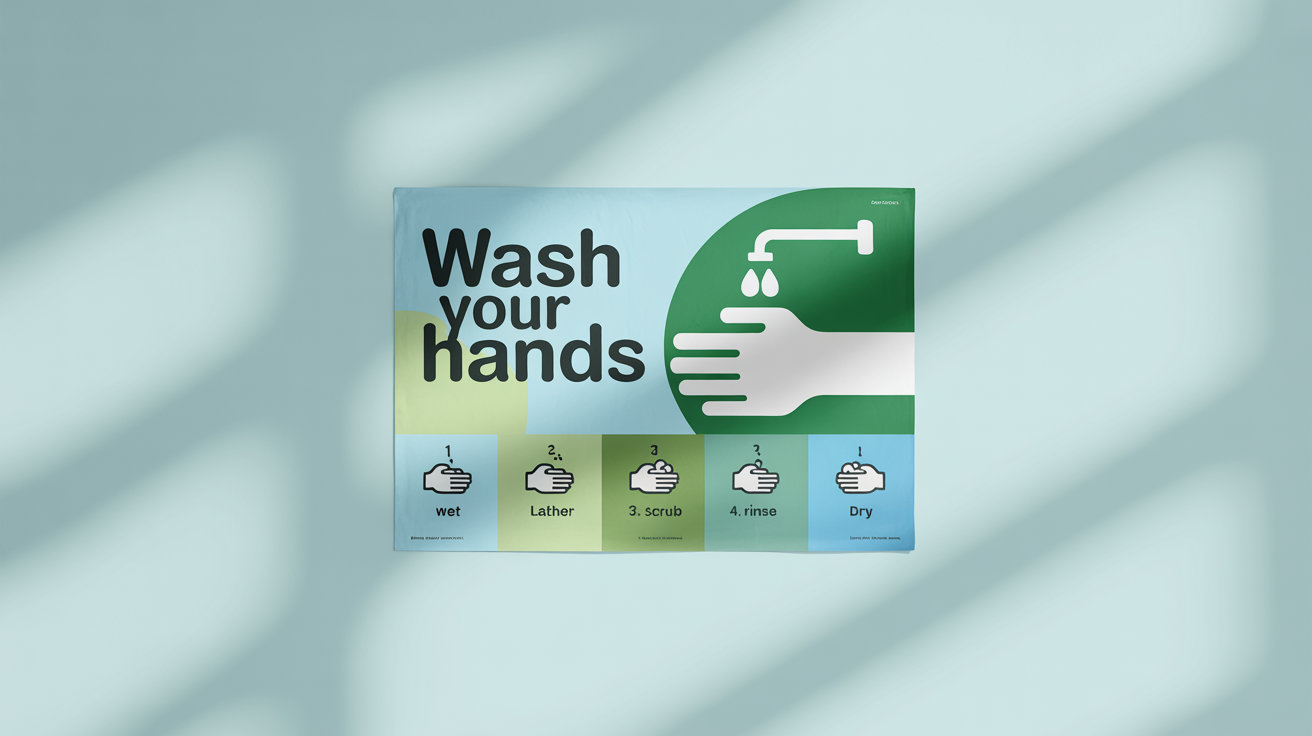 A professionally designed handwashing poster with the headline 'Wash Your Hands' and five icons illustrating the steps for proper handwashing.