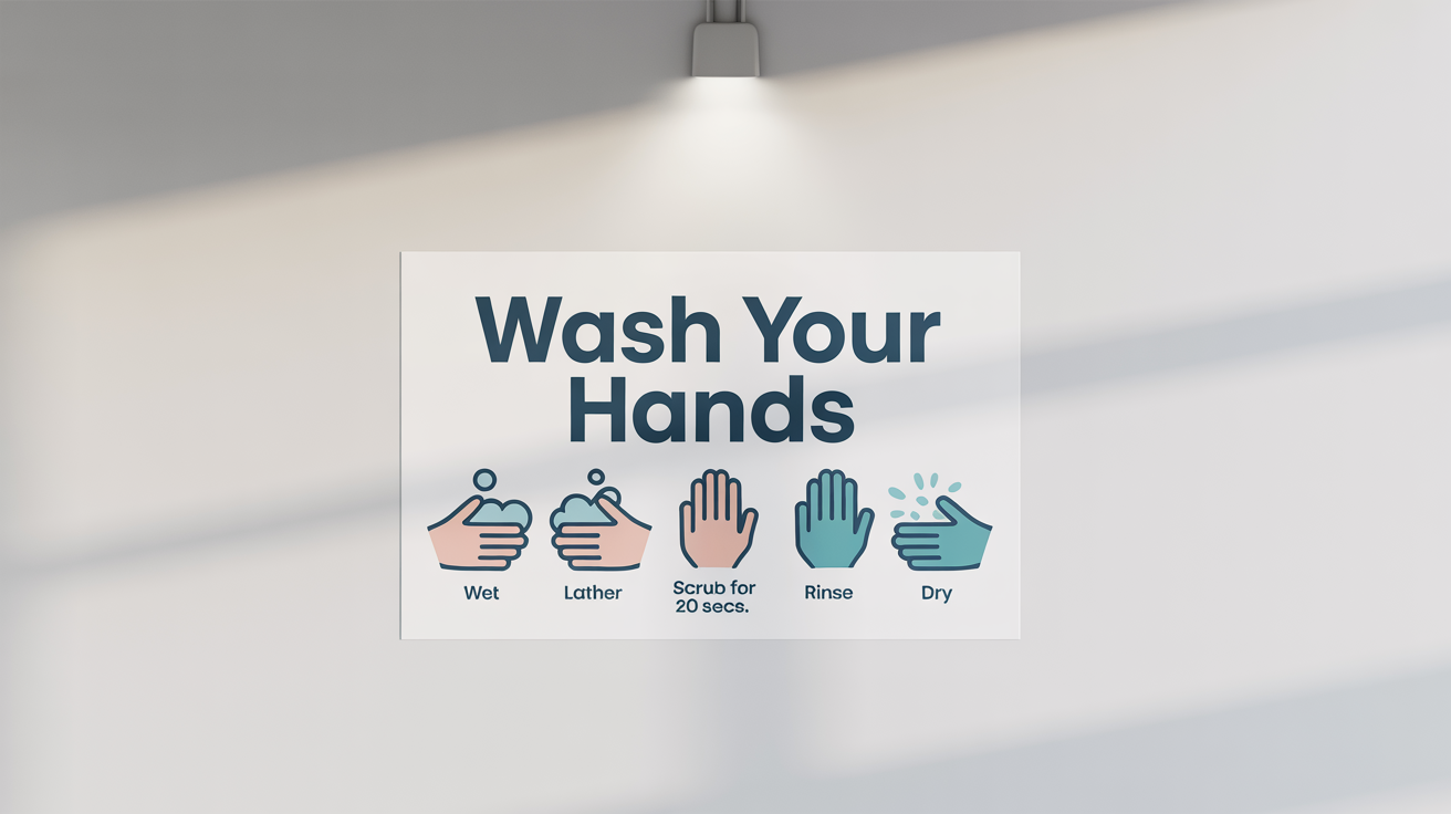 A mockup of a modern handwashing poster showing the 5 steps of handwashing with simple icons and labels on a white background.