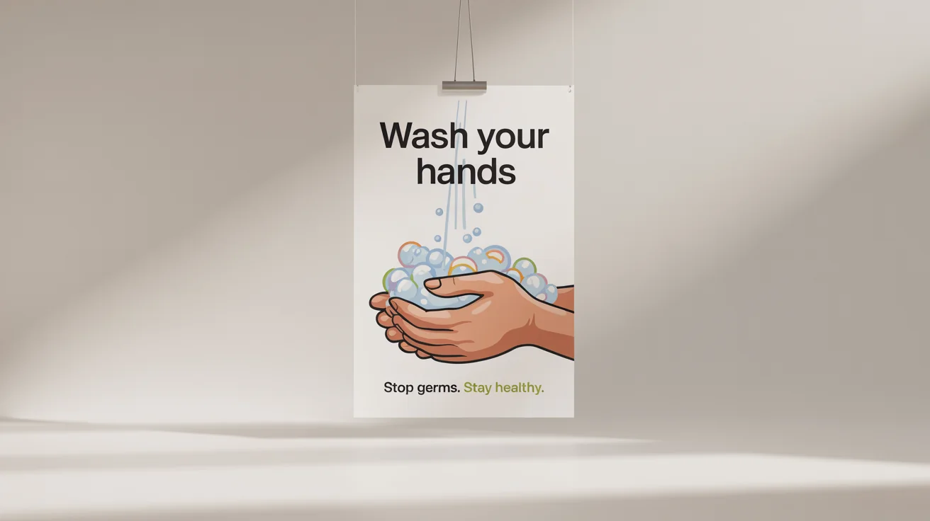 A mockup of a bright and modern handwashing poster on a white background, featuring an illustration of soapy hands under a faucet and the text 'Wash Your Hands'.