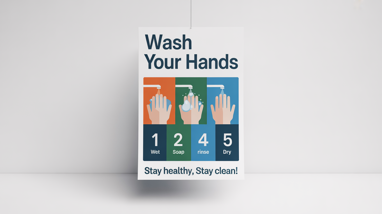 A mockup of a modern, illustrated handwashing poster detailing the five steps for proper hand hygiene, set against a plain white background.