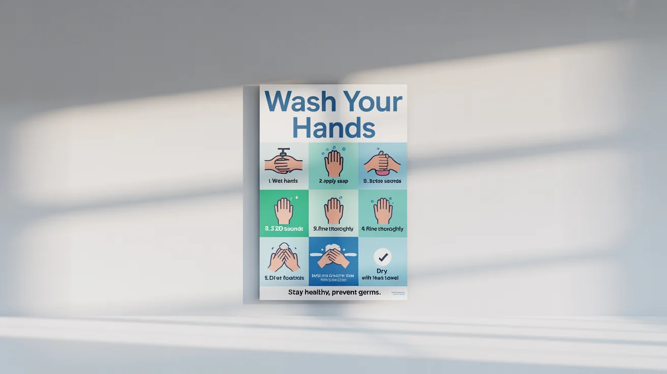 A mockup of a modern handwashing poster against a white background, featuring the title 'Wash Your Hands' and six icons illustrating the steps to properly wash hands, with a tagline 'Stay Healthy, Prevent Germs'.