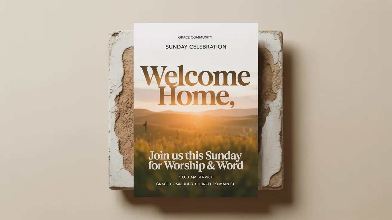 A professionally designed church flyer with the headline 'Welcome Home'. The design features a modern layout with gold and white text over a serene sunrise image, inviting people to a Sunday service.