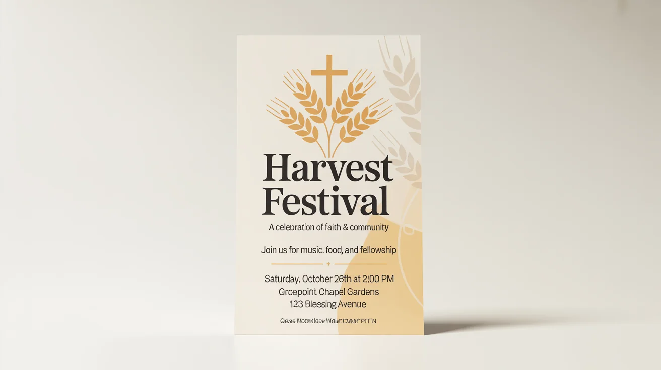 A mockup of a modern church flyer for a 'Harvest Festival' event, featuring a golden wheat sheaf graphic and event details, set against a plain white background.