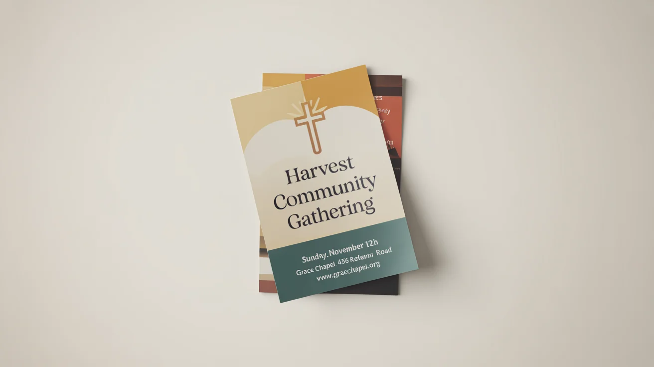 A mockup of a modern church flyer for a 'Harvest Community Gathering' event, featuring a stylized cross and sun ray logo, with event details laid out on a clean white background.