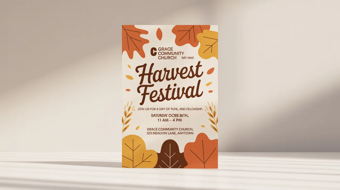 A professionally designed church flyer mockup for a 'Harvest Festival,' featuring warm autumn colors and modern typography on a white background.