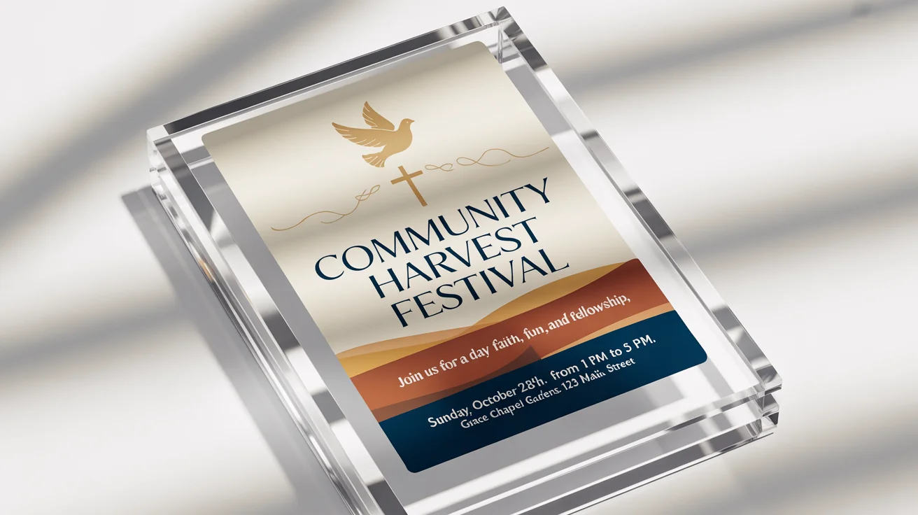 A professional mockup of a modern church flyer for a 'Community Harvest Festival', featuring a gold dove and cross, set against a clean white background.
