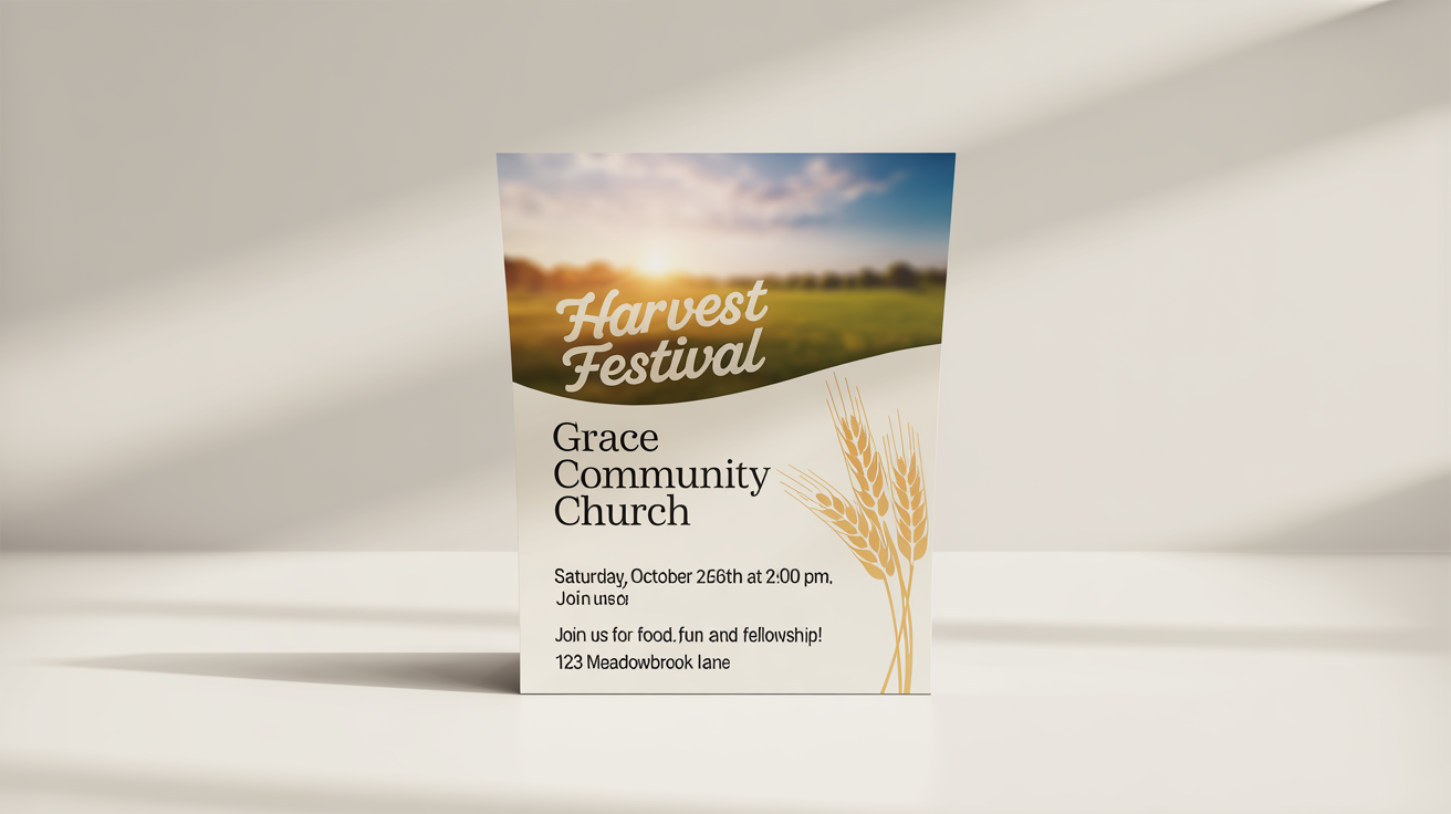 A mockup of a modern and welcoming church flyer for a 'Harvest Festival' event, shown flat on a clean white background. The design features a sunrise and clear, legible text.