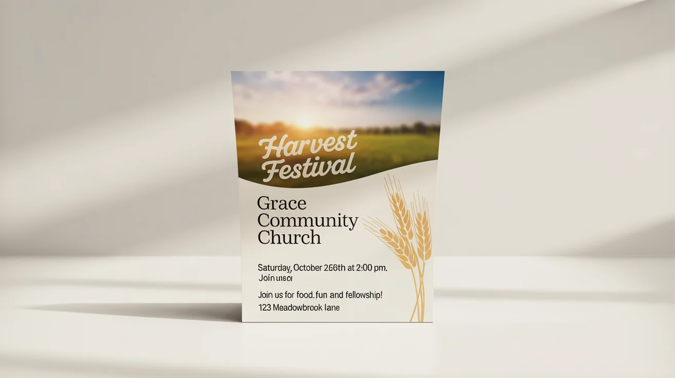 A mockup of a modern and welcoming church flyer for a 'Harvest Festival' event, shown flat on a clean white background. The design features a sunrise and clear, legible text.