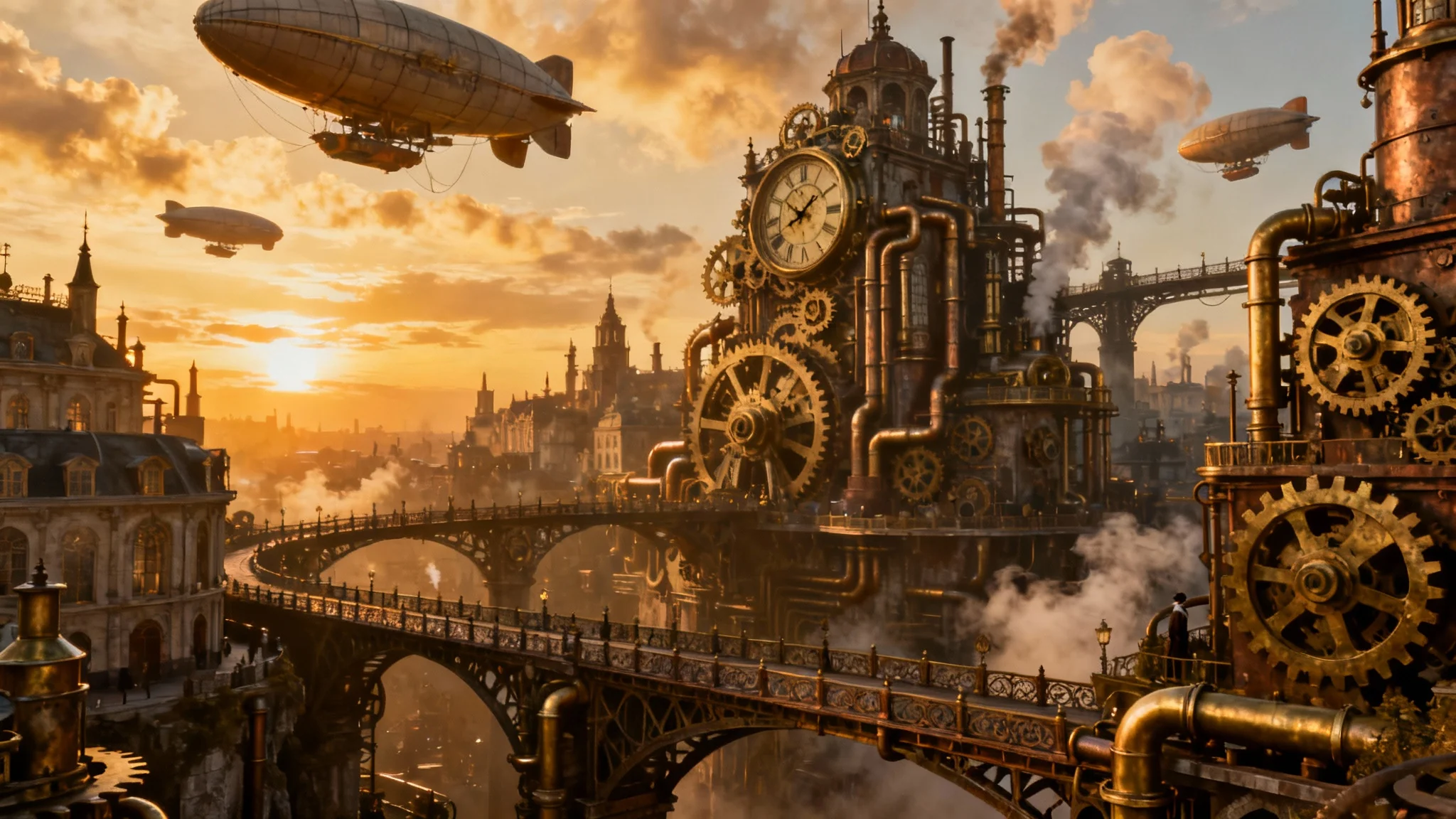 A panoramic, highly detailed digital painting of a vast steampunk city at sunset, featuring Victorian buildings intertwined with brass pipes and gears, with large airships and zeppelins flying in the golden sky.