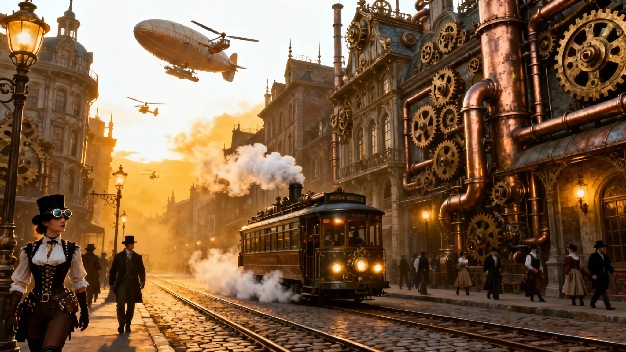 A detailed digital painting of a steampunk city, featuring Victorian architecture with exposed gears and pipes, a steam-powered tram on a cobblestone street, and airships in the sky.