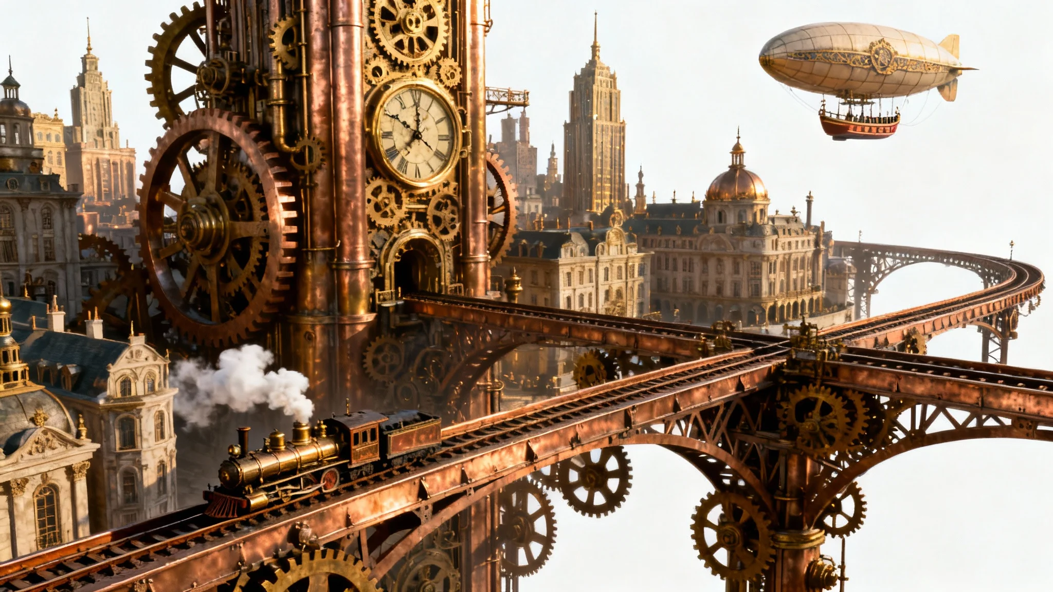 A hyper-realistic rendering of a sprawling steampunk city with brass skyscrapers, interlocking gears, elevated train tracks, and a floating zeppelin, all set against a clean white background.