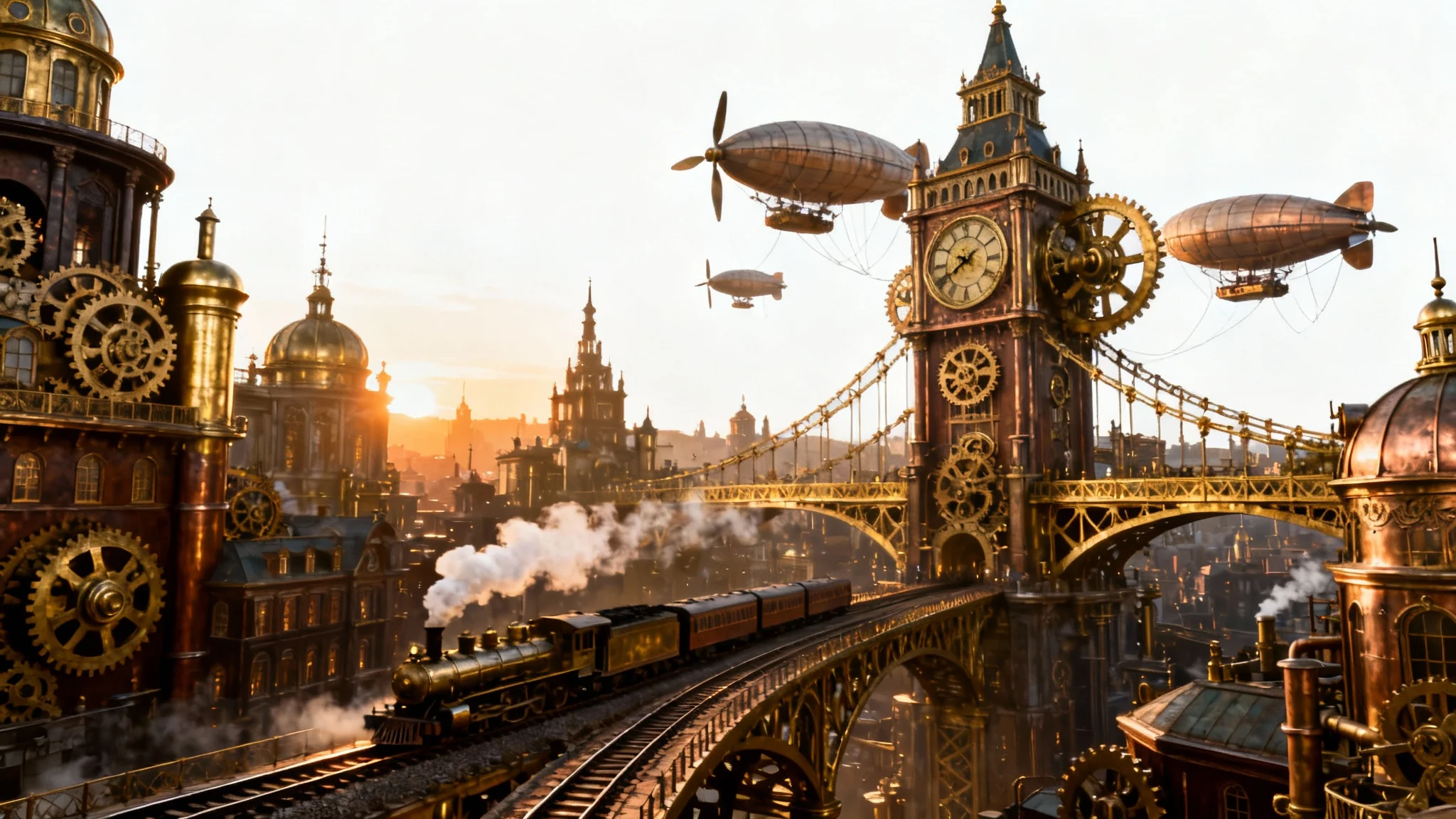 A panoramic view of a detailed steampunk city at sunset, featuring brass Victorian buildings, complex gear systems, elevated railways, and large airships flying in the golden sky.