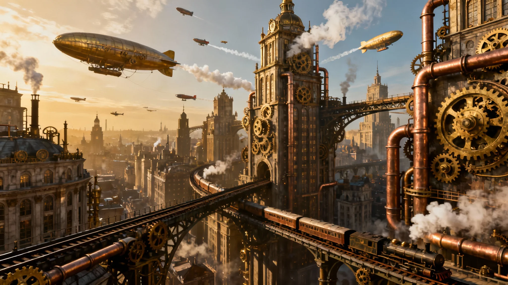 A wide-angle view of a detailed steampunk city, featuring Victorian buildings with exposed gears and pipes, elevated steam trains, and airships flying in a golden-hued sky.