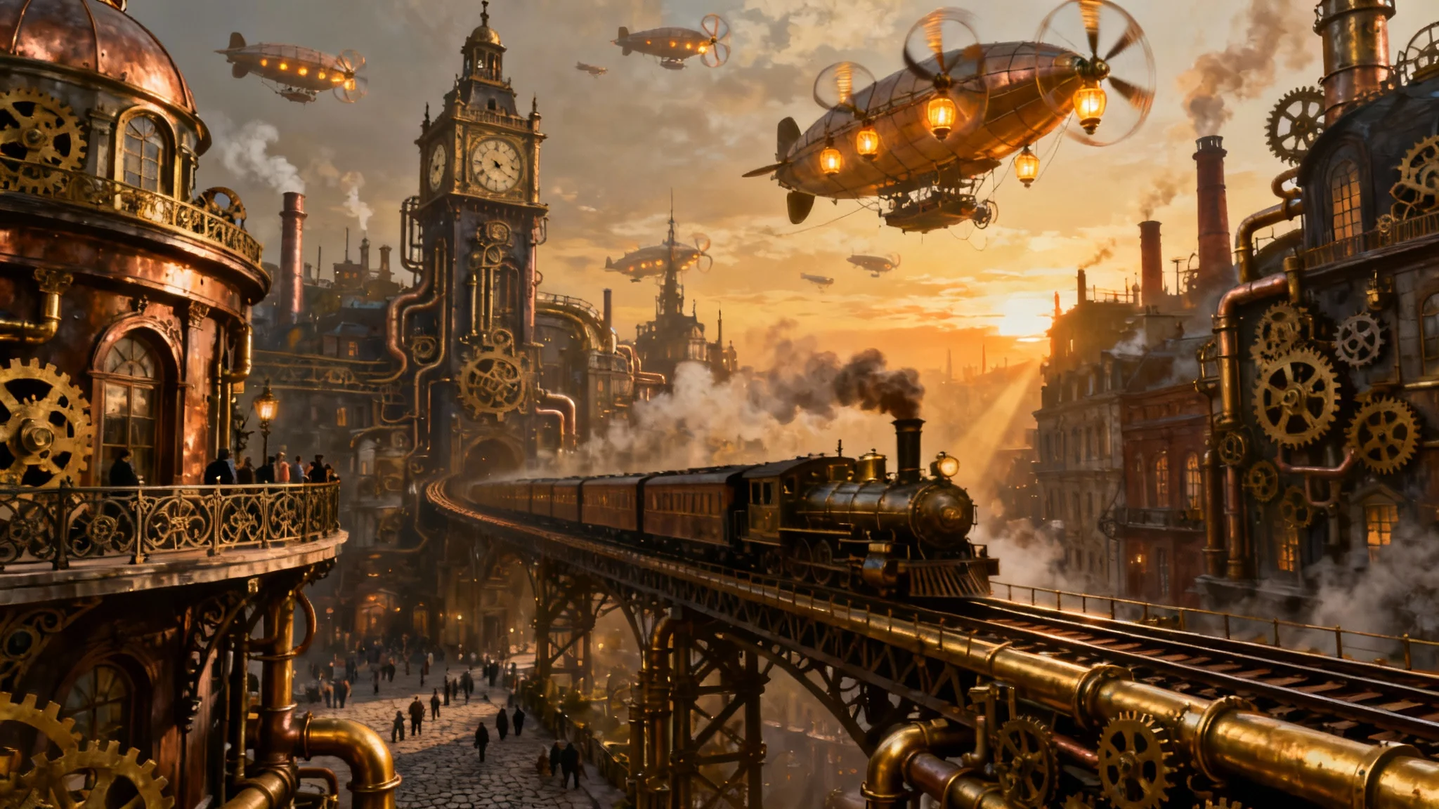 A panoramic view of a detailed steampunk city at sunset, with airships in the sky, steam trains on elevated tracks, and intricate Victorian buildings made of brass and copper.