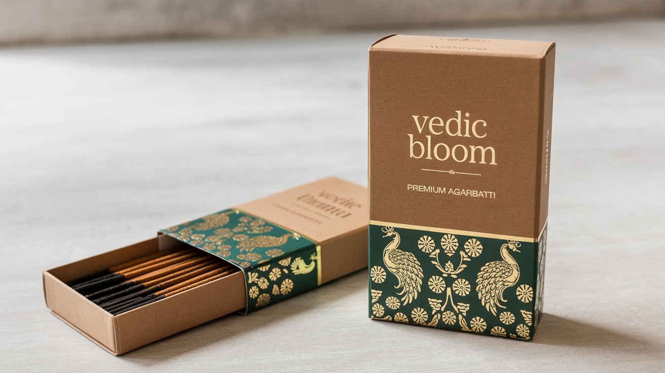 A professionally designed hero image showing two elegant emerald green and gold agarbatti boxes for the brand 'Vedic Bloom' on a clean studio background.