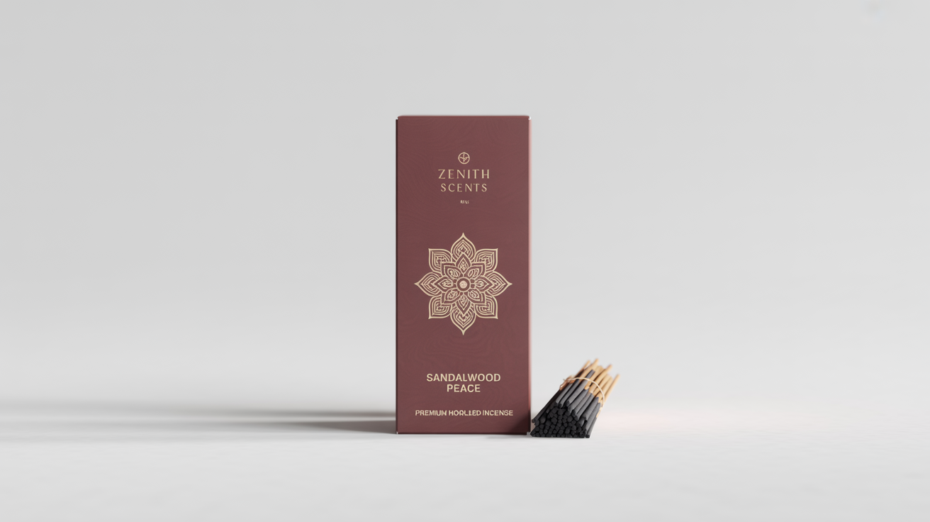 A professional mockup of a maroon and gold luxury agarbatti box with the brand 'Zenith Scents' and scent 'Sandalwood Peace', shown on a clean white background with a few incense sticks.