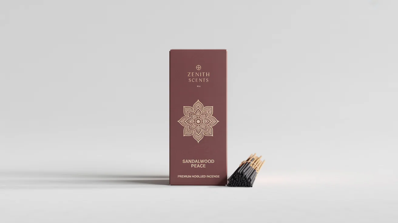 A professional mockup of a maroon and gold luxury agarbatti box with the brand 'Zenith Scents' and scent 'Sandalwood Peace', shown on a clean white background with a few incense sticks.