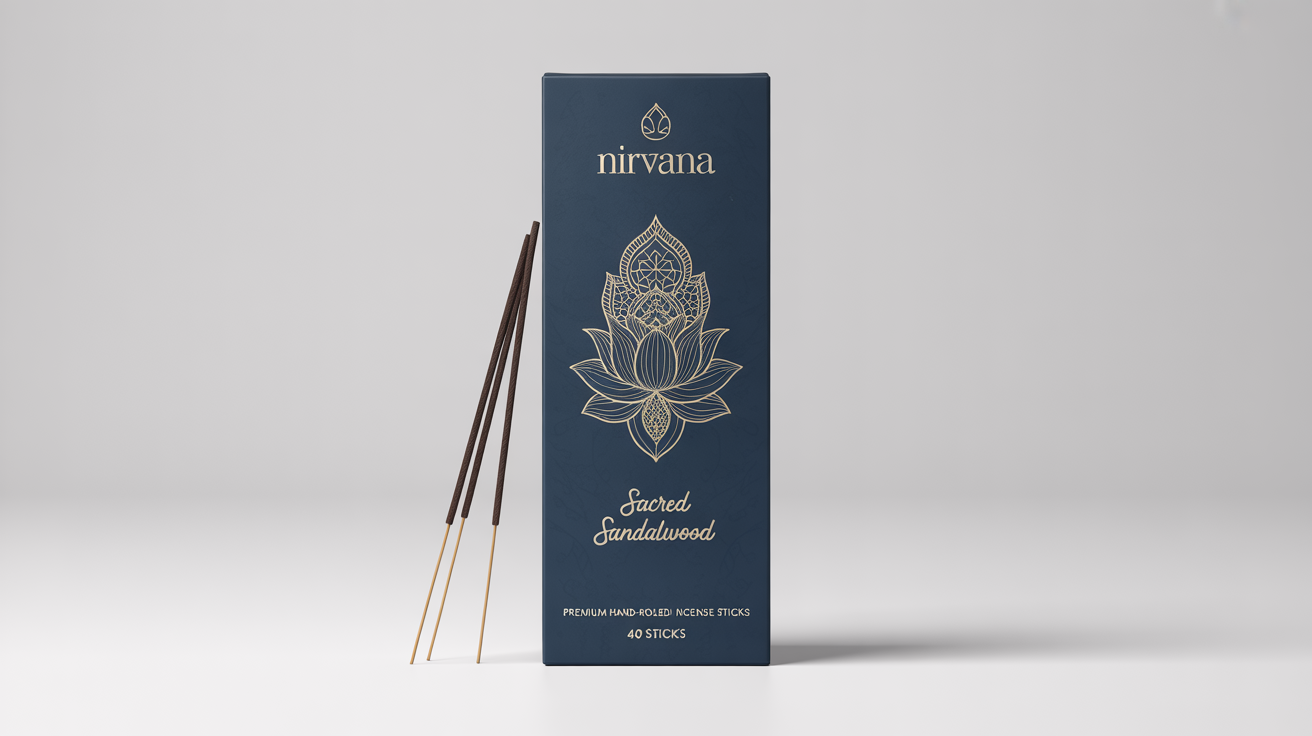 A professional mockup of a navy blue and gold agarbatti box with the brand name 'NIRVANA' and 'Sacred Sandalwood' fragrance, shown with a few incense sticks on a white background.