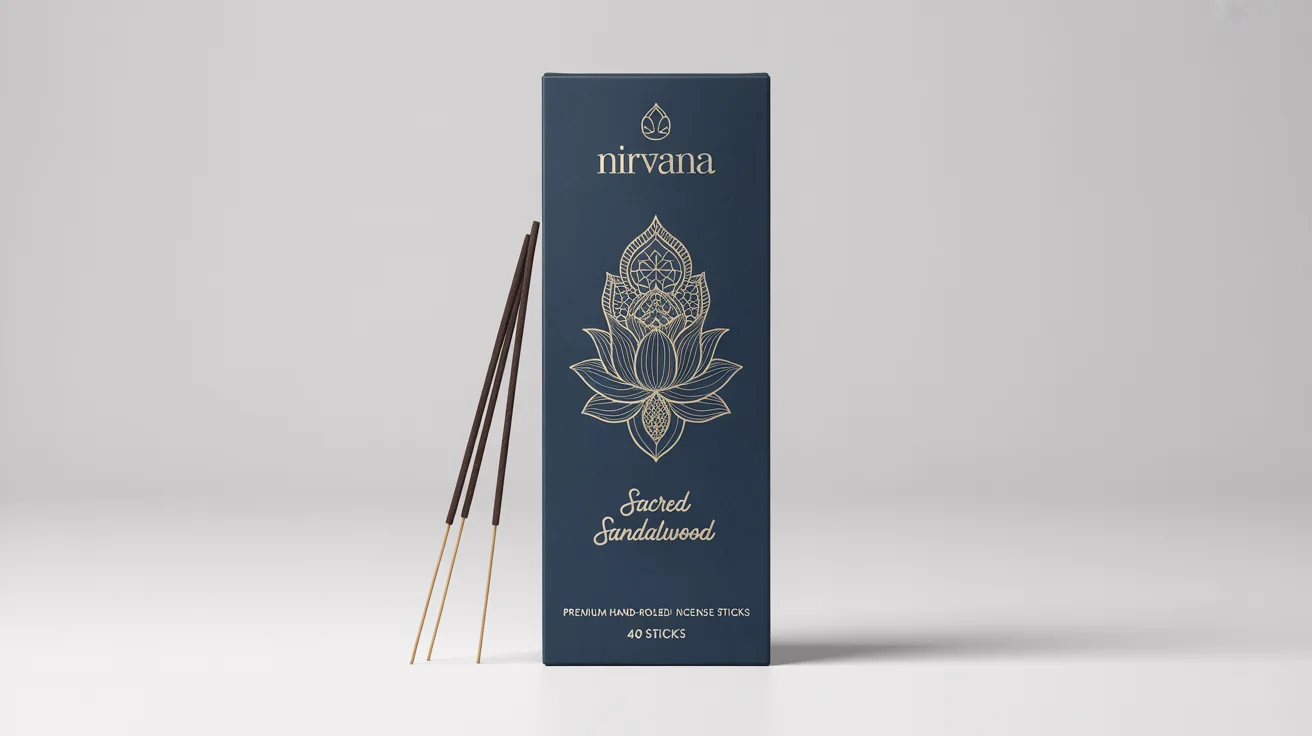 A professional mockup of a navy blue and gold agarbatti box with the brand name 'NIRVANA' and 'Sacred Sandalwood' fragrance, shown with a few incense sticks on a white background.