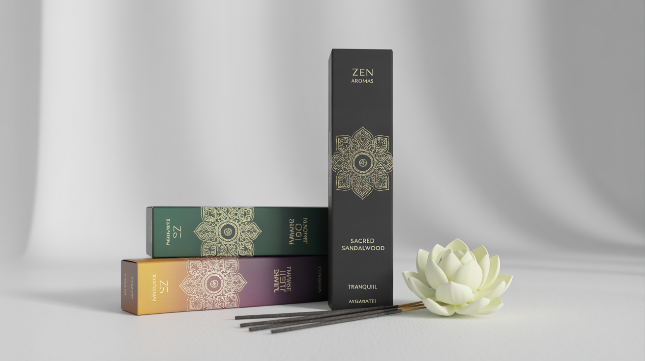 A professional product mockup of three luxury agarbatti boxes with brand name 'Zen Aromas' and scent names like 'Sacred Sandalwood' and 'Mystic Jasmine', elegantly arranged with incense sticks and a lotus flower on a white background.