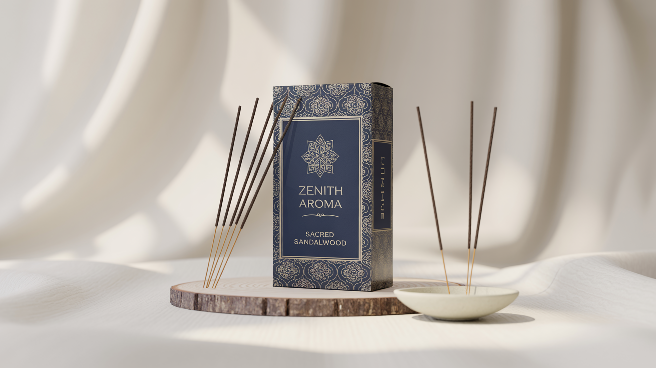 A professional mockup of an elegant agarbatti box with the brand name 'ZENITH AROMA' and fragrance 'Sacred Sandalwood', set against a clean white background with a few incense sticks and a holder.
