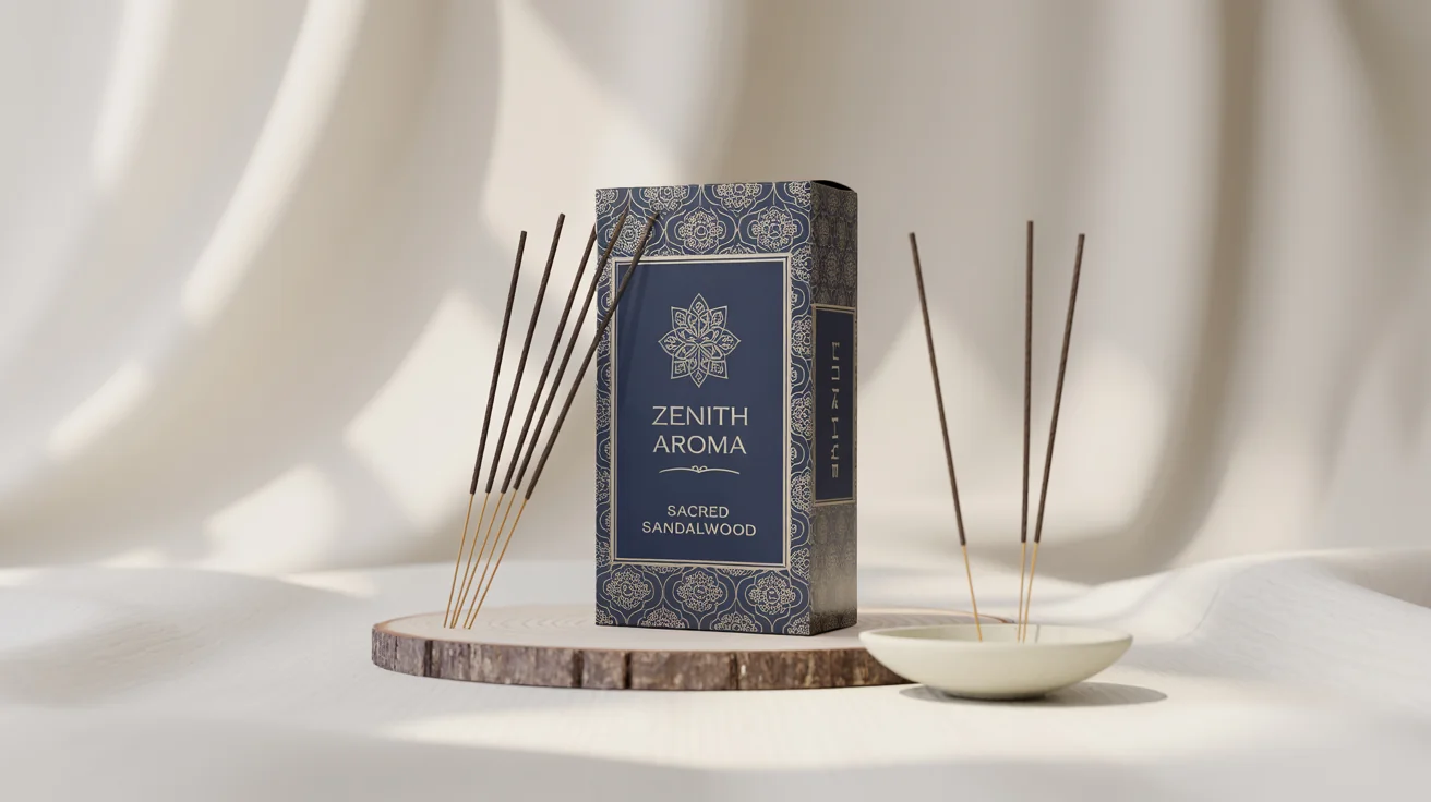 A professional mockup of an elegant agarbatti box with the brand name 'ZENITH AROMA' and fragrance 'Sacred Sandalwood', set against a clean white background with a few incense sticks and a holder.