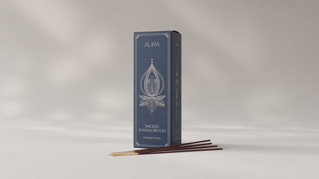 A professional product shot of a navy blue and gold agarbatti box with the brand name 'AURA' and 'Sacred Sandalwood' written on it, placed on a clean white background with a few incense sticks beside it.