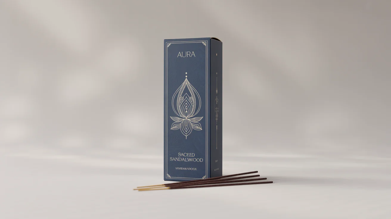 A professional product shot of a navy blue and gold agarbatti box with the brand name 'AURA' and 'Sacred Sandalwood' written on it, placed on a clean white background with a few incense sticks beside it.