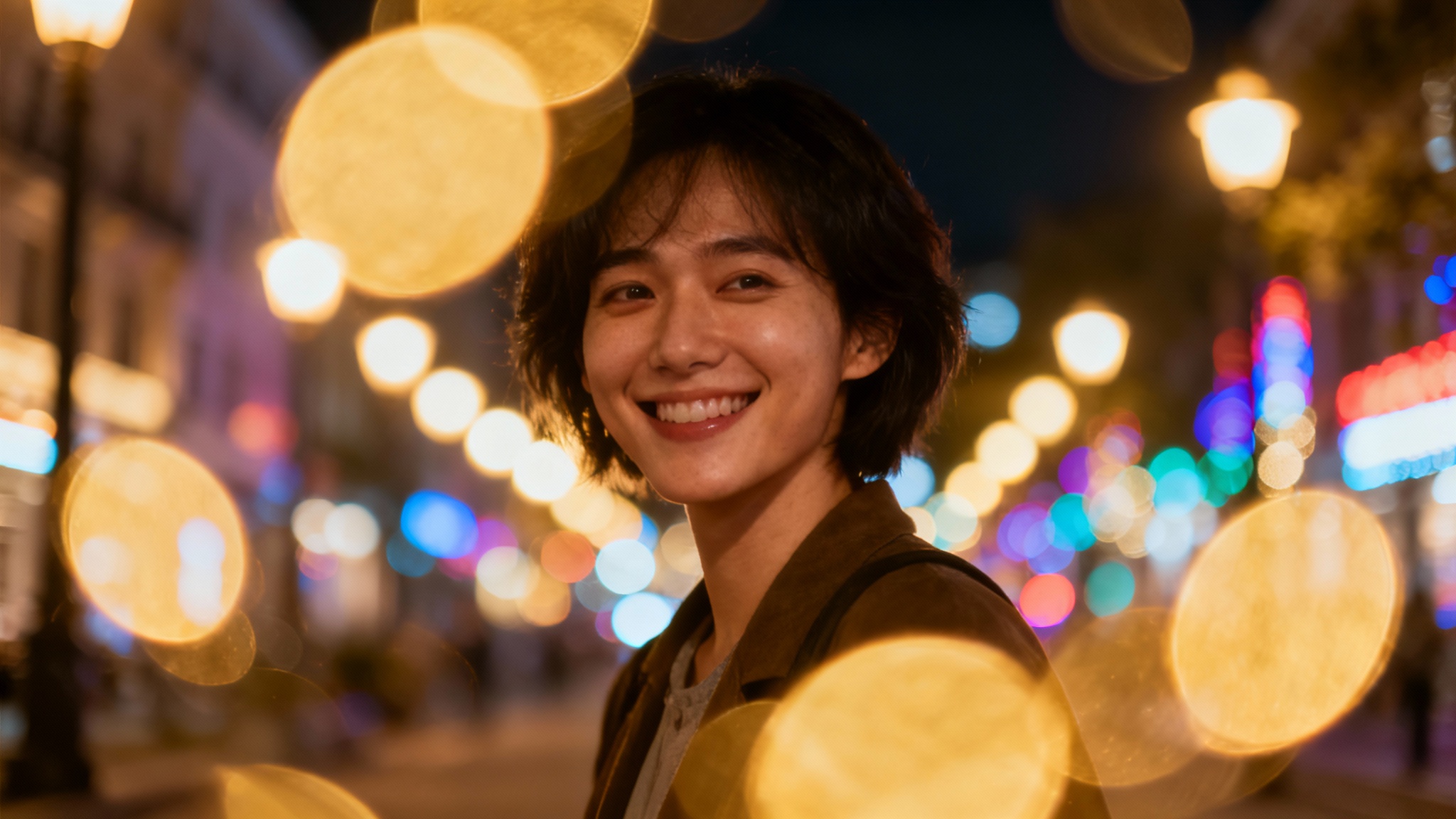 A close-up photograph of a person in a city at night, with a beautiful bokeh overlay effect creating large, soft, out-of-focus circles of light in the foreground and background.