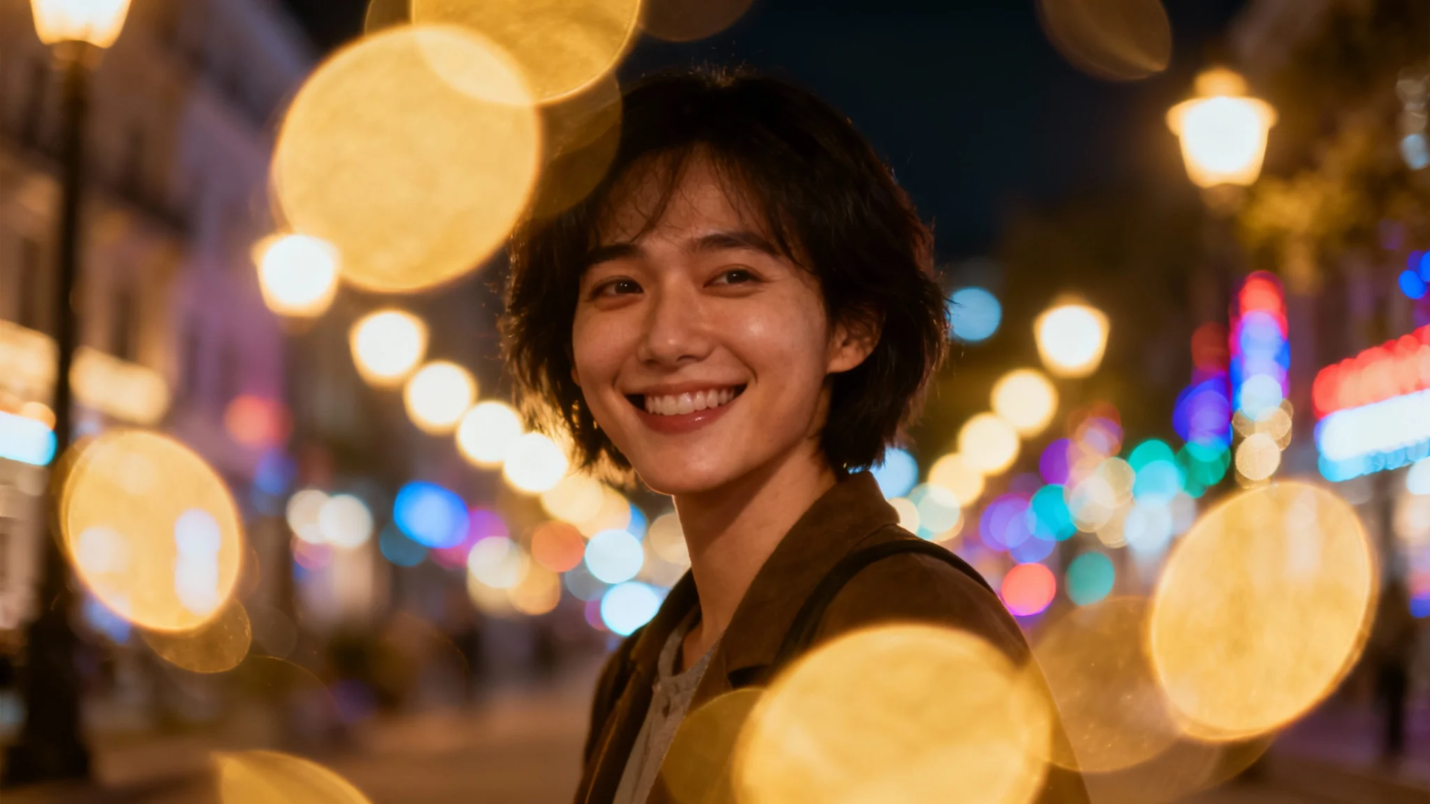 A close-up photograph of a person in a city at night, with a beautiful bokeh overlay effect creating large, soft, out-of-focus circles of light in the foreground and background.