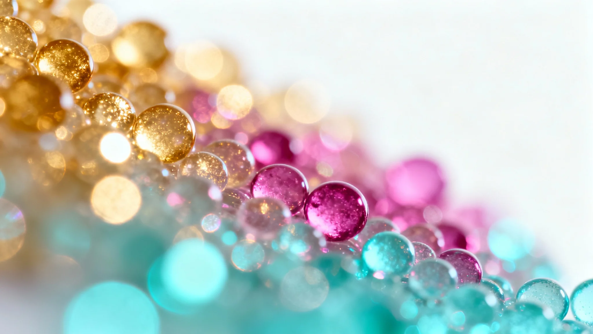 A vibrant, abstract bokeh overlay with colorful, glowing orbs of light in shades of gold, magenta, and cyan, set against a clean white background.