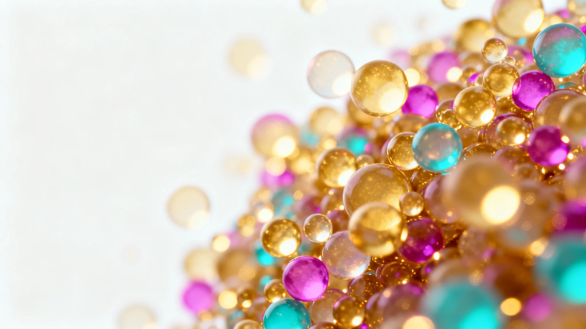 A photorealistic image of a bokeh overlay effect, featuring a cluster of soft, glowing circles of light in gold, magenta, and cyan, isolated on a stark white background.
