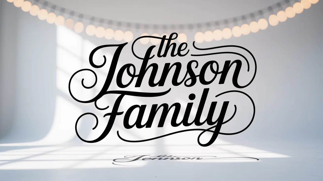 A digital design showing the name 'The Johnson Family' written in a beautiful, modern script font with decorative flourishes, set against a clean, light gray background.