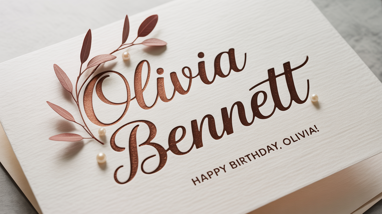 An elegant, off-white card with the name 'Olivia Bennett' written in a beautiful, rose gold script font, set against a clean white background.