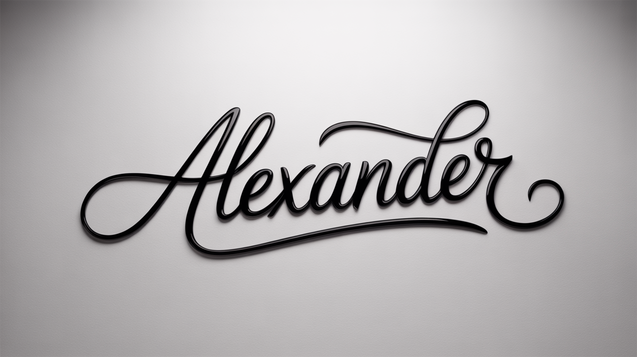 A sophisticated mockup of the name 'Alexander' written in a custom, glossy black cursive script, displayed centrally on a clean white background.