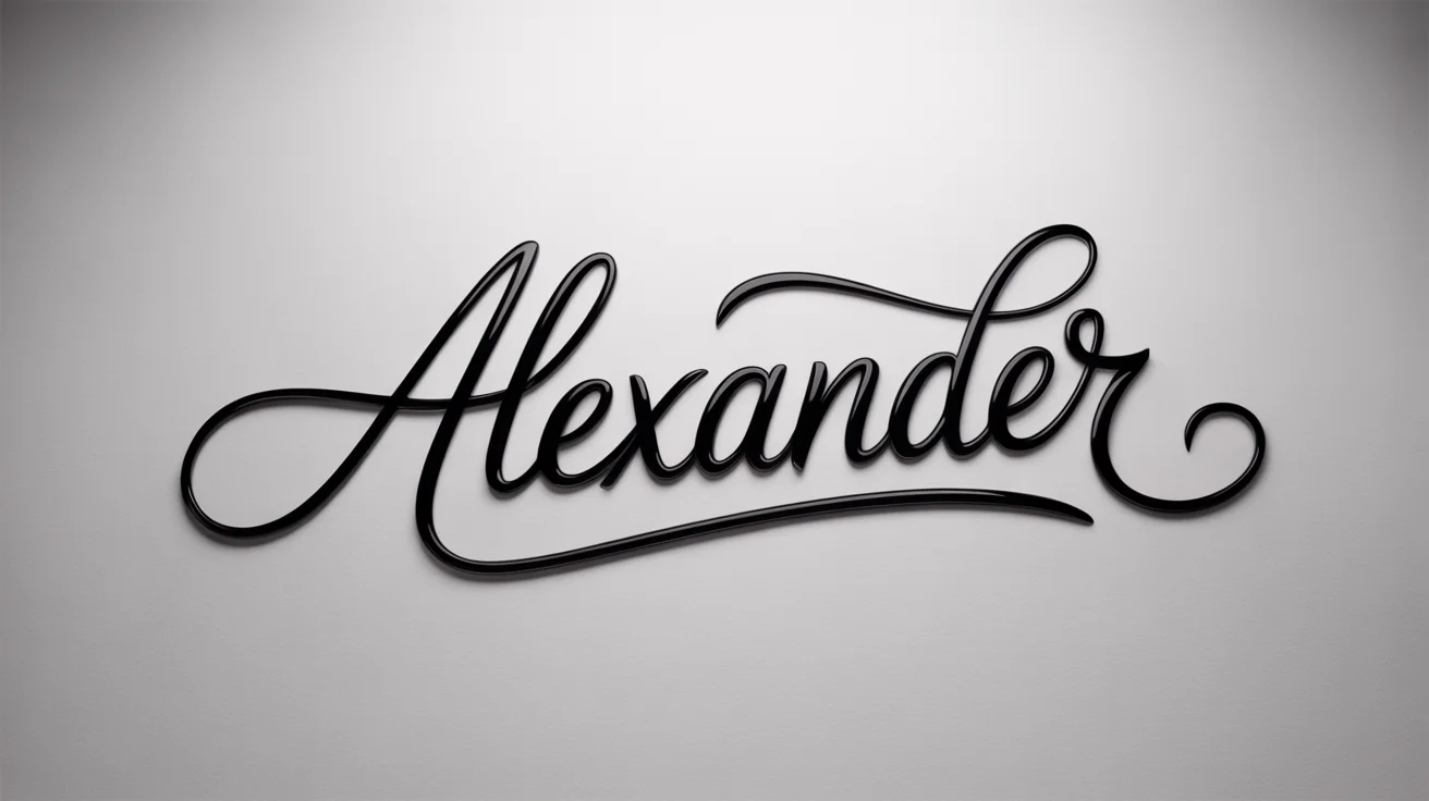 A sophisticated mockup of the name 'Alexander' written in a custom, glossy black cursive script, displayed centrally on a clean white background.